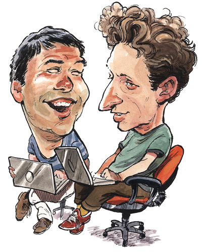 Google founders Larry Page and Sergey Brin. Illustrated by Britt Spencer.